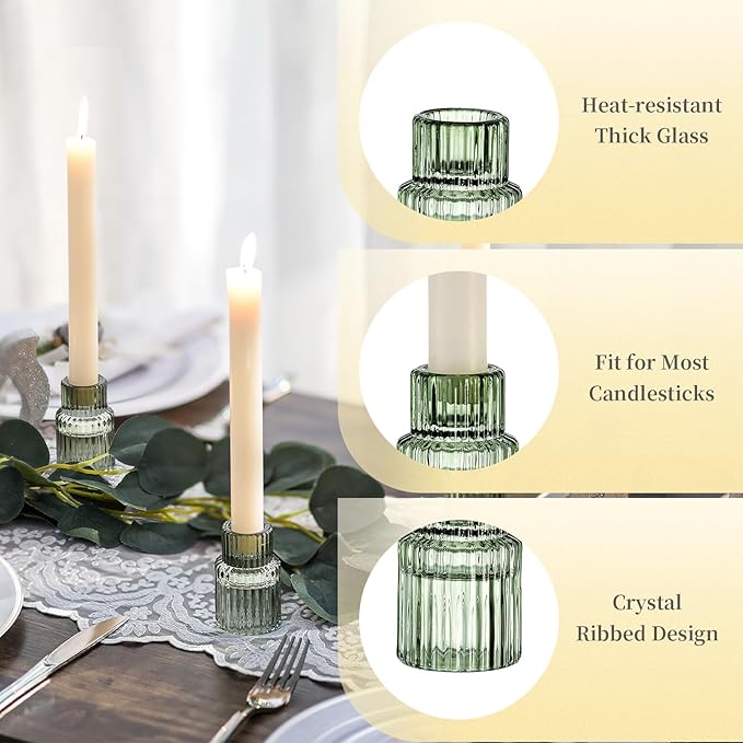 Hewory Glass Taper Candle Holders: 2PCS Green Vintage Candle Holder Candlestick Holders Bulk, Ribbed Glass Candle Holder Candle Sticks Holder Decor for Table Centerpiece Wedding Christmas Home Decor