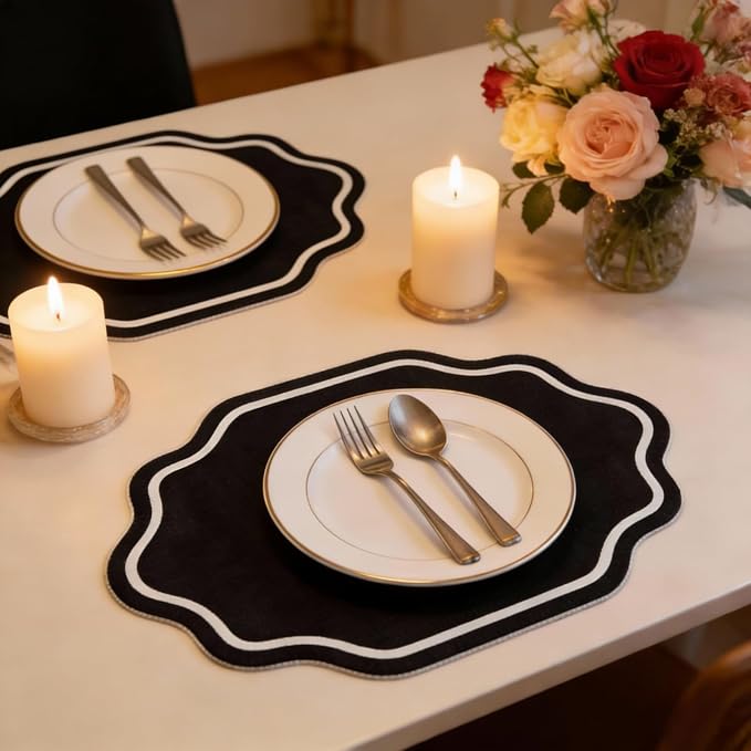 6 Pcs Black Wedding Placemats Scalloped Embroidered Cotton Linen Placemats 17" - Image 3