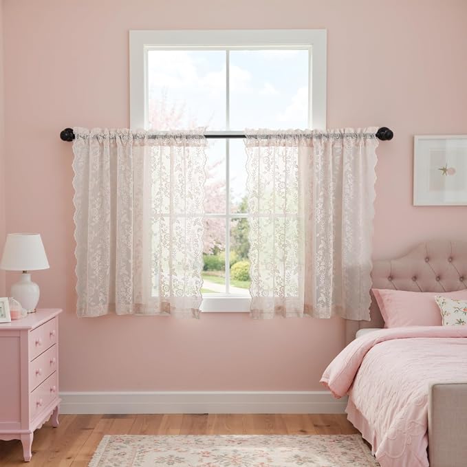 FINECITY Blush Pink Lace Curtains Rustic Leaf Floral W52xL45 Inch 2 Panels | - Image 8