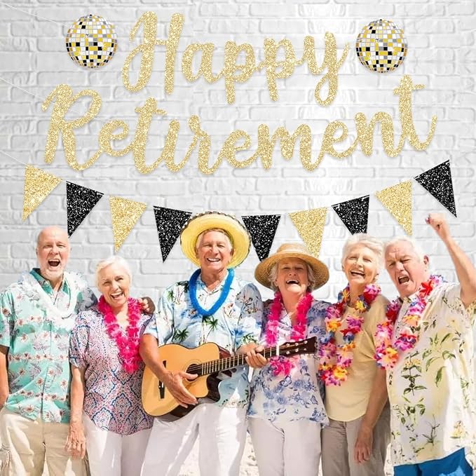Pre Strung Happy Retirement Banner Party Decorations Gold Black Glitter Sign - Image 5