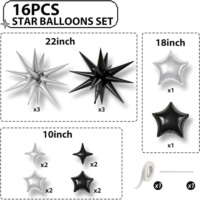 Black Silver Star Balloons, 22/18/10 Inch Foil Balloons, Four-Pointed Balloon - Image 2