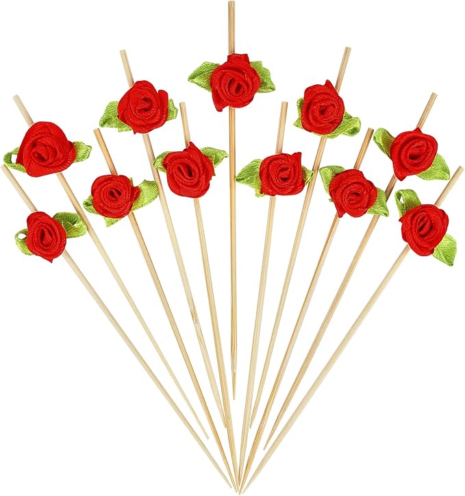 Minisland Red Rose Flower Cocktail Picks, 4.7 Inch Long Bamboo Fancy Toothpicks by Minisland