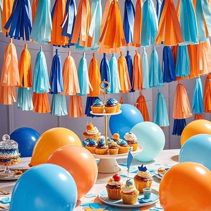 Orange Blue Paper Tassels 30pcs Streamers - Image 4