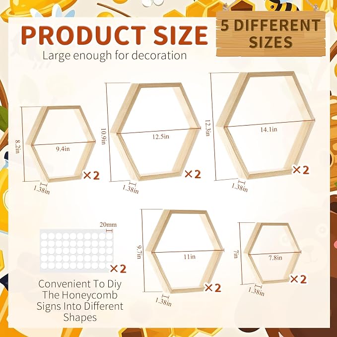 Gerrii 10 Pcs Honey Comb Decorations 5 Sizes Wood Hexagon Shelves Honeycomb - Image 3