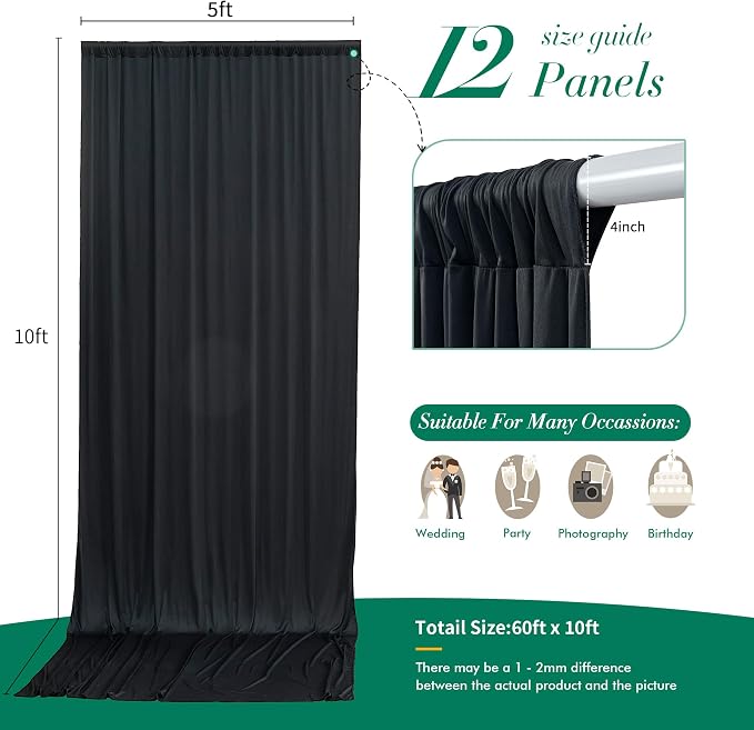 60 ft x 10 ft Wrinkle Free Black Backdrop Curtain - Image 5