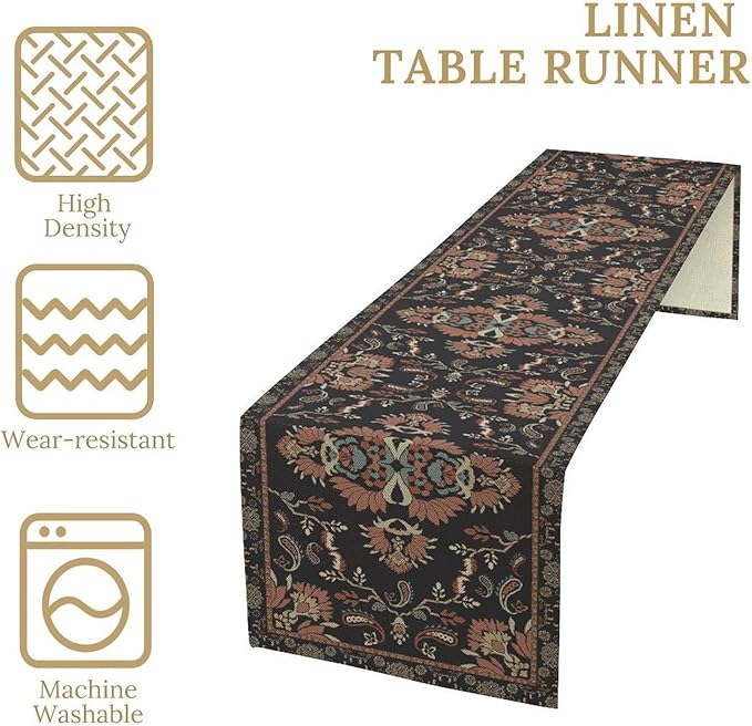 Boho Paisley Farmhouse Table Runner, Vintage Red Blue Retro Flower Rustic Country Style Floral Print Pattern for Home Kitchen Table Decor Dining Coffee Room Garden Party Decor 13x120in