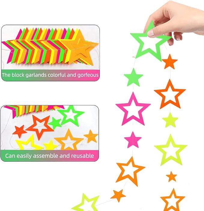 WELITTCON 102feet Neon Paper Garland Streamers Hollowed Star Black Light - Image 3