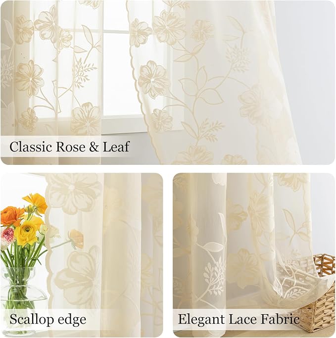Treatmentex Beige Lace Curtains 63inch Rose Floral and Leaf Sheer Window - Image 4