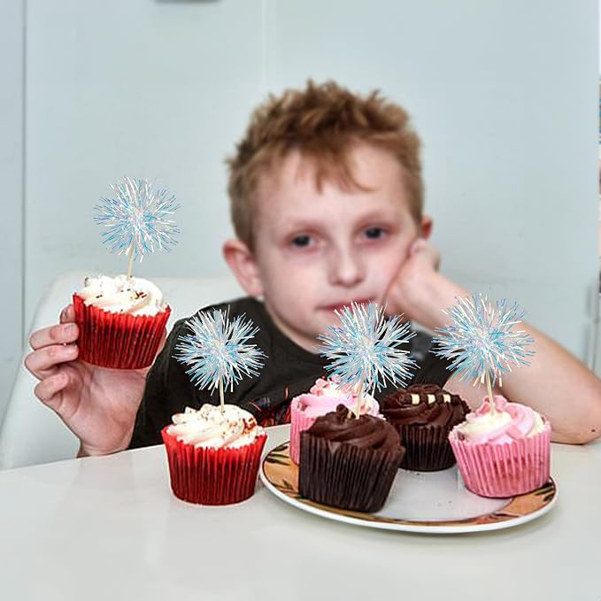 Gyufise 30Pcs Foil Firework Cupcake Toppers Sparkle Tinsel Cake Toppers Tinsel - Image 6