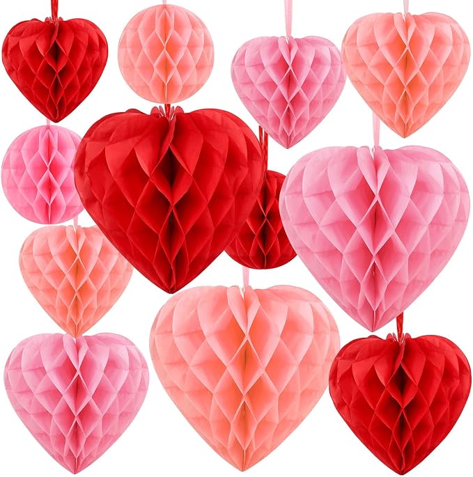 BOARDFEB 12PCS Valentine's Day Decorations, Heart Honeycomb Balls Hanging | Pink by BOARDFEB