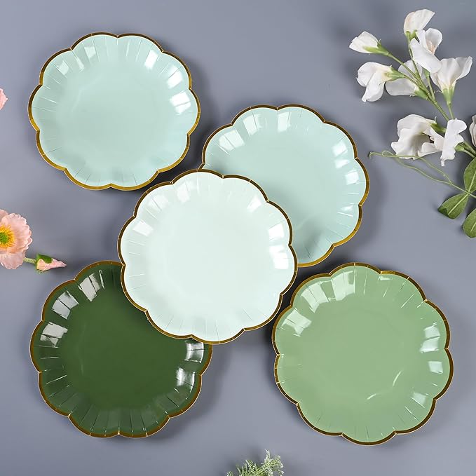 Sage Green Party Plates Gradient Green Dessert Paper Plates 7inch Gold Foil Scalloped Edge Disposable Cake Plates for Birthday Bridal Baby Shower Wedding Party Supplies (24)