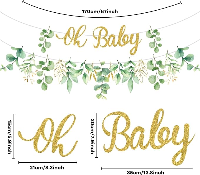 Greenery Baby Shower Banner Eucalyptus Leaves Oh Baby Tablecloth - Image 2