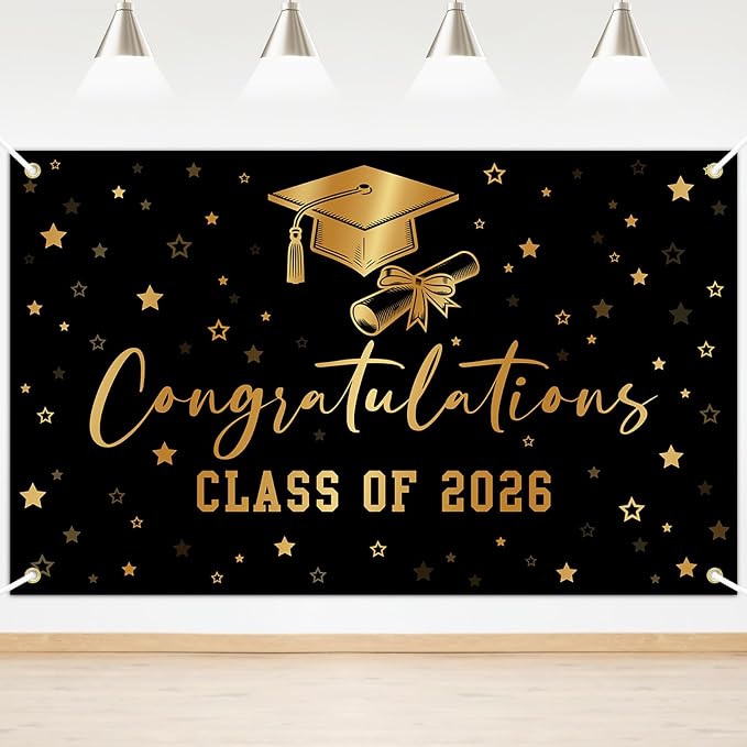 Class of 2026 Graduation Backdrop Black Gold Congrats Grad Banner by Lecheme