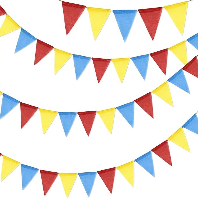 G2PLUS Pre-Strung Burlap Pennant Banners, 39Ft Red Yellow Blue Triangle Flag by G2PLUS