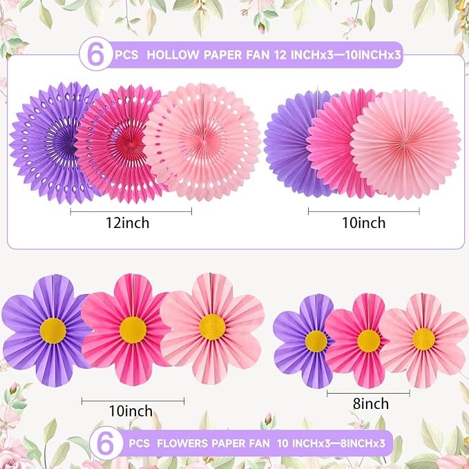 ADLKGG 12 Pcs Pink Purple Party Decorations, Paper Fans Flower Wall | Twelve - Image 2