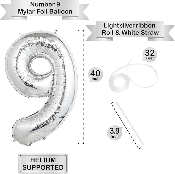 40 Inch Silver Number Balloons, Helium Mylar Foil Number Balloons - Image 3