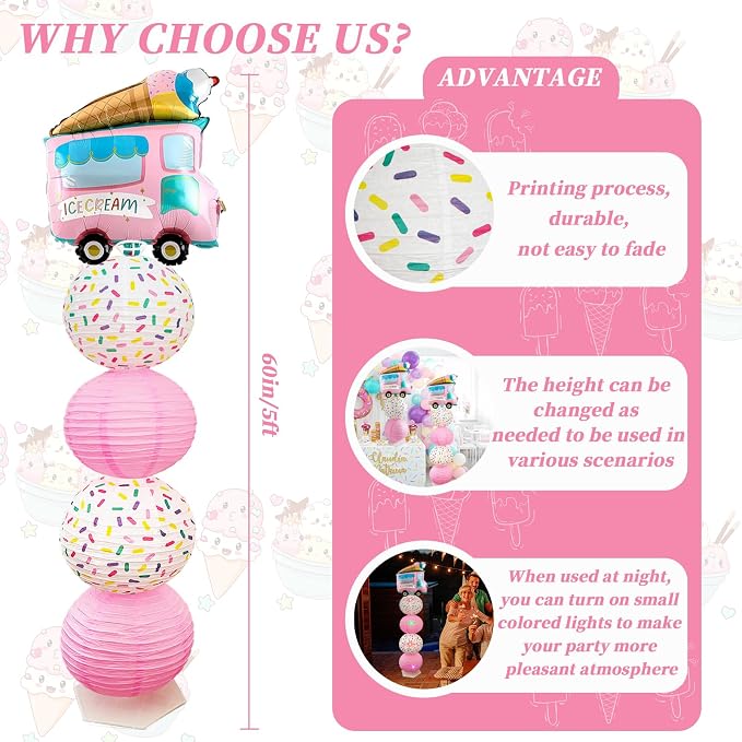 Ice Cream Balloon Stand &Paper Lantern 2 Sets 5ft Reusable Metal Telescopic | - Image 3