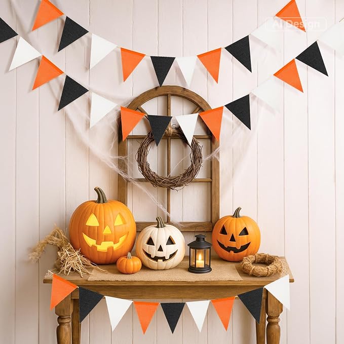 G2PLUS Pre-Strung Burlap Pennant Banners, 39Ft Black and Orange Fabric Triangle - Image 4