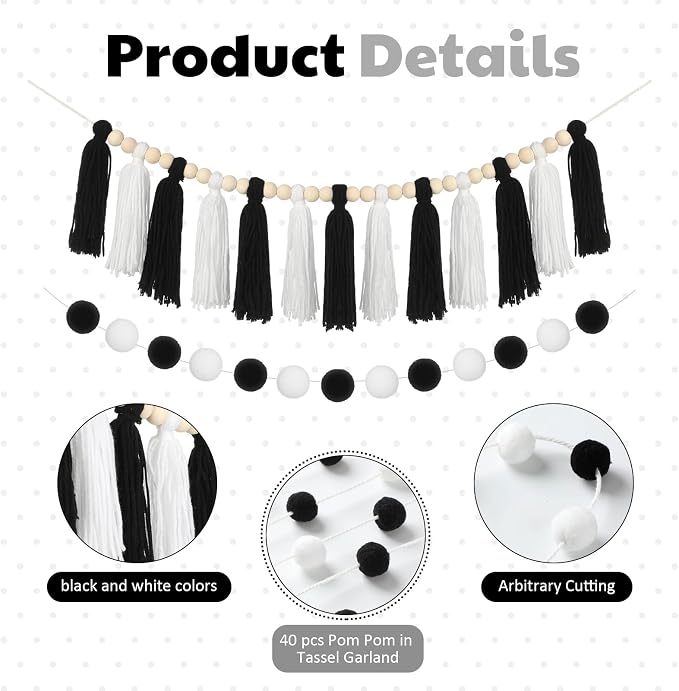 HunnmingRe 3 Pcs Black and White Tassel Garland Pom Pom Hanging Decor | Back to - Image 3