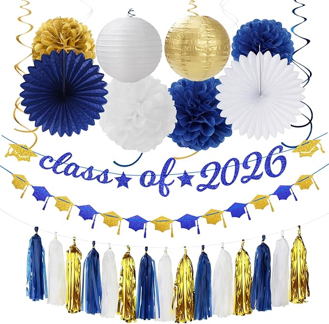 Navy-Blue White Gold Graduation Party-Decorations Garland by Burgleda