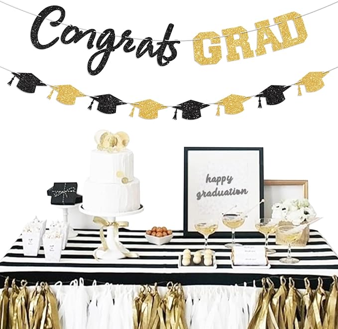 Prestrung Congrats Grad Banner Black and Gold Graduation Banner - Image 5