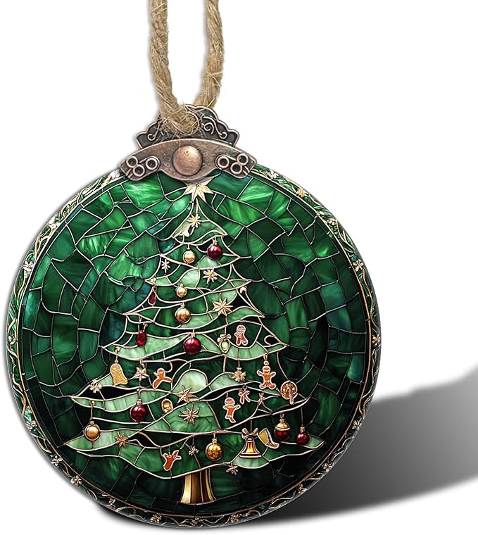 Stained Glass Christmas Decorations, Small Bell Pendant Suncatcher for Window Christmas Tree Hanging Ornaments Retro Green Sun Catcher Xmas Decor Gifts for Women Men Mom Nana Friend