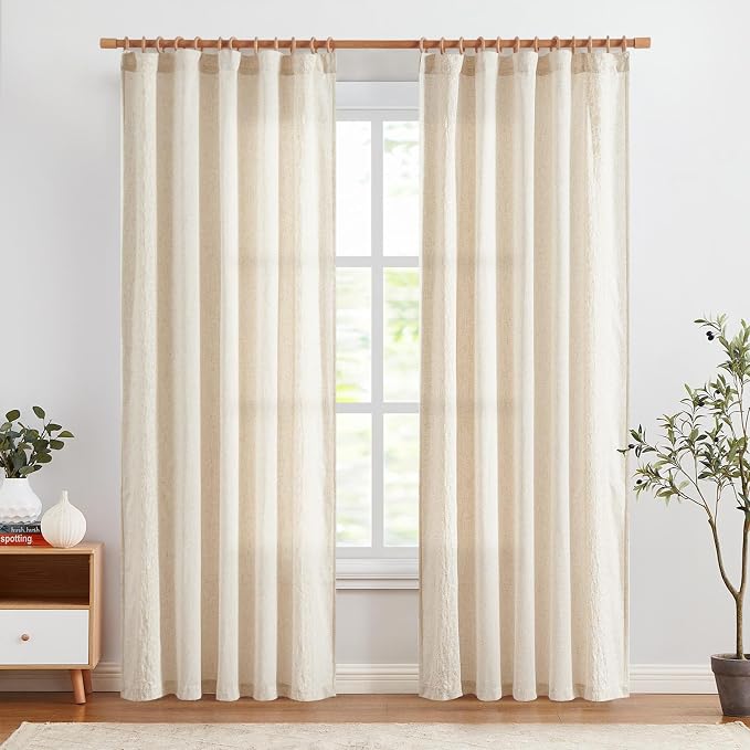 jinchan Floral Linen Curtains Embroidered Back Tab 50x84in 2 Panels Ivory | - Image 3