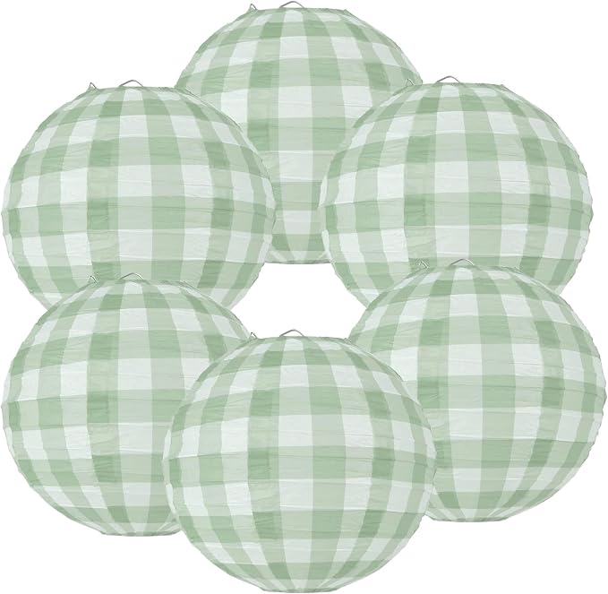 6 Pieces Sage Green Gingham Paper Lanterns Decorations - Image 2