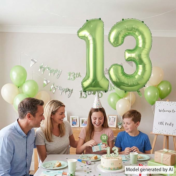 Light Green Number 13 Balloon 40 Inch, Shiny Foil Double Digit Party Decor | - Image 3