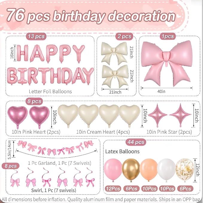 Pink Bow Birthday Decorations Set, Balloons Banner Hanging Swirls Backdrop | - Image 2