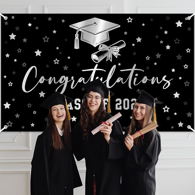 Congratulations Graduation Banner Class of 2026 Backdrop Black Silver Congrats - Image 8