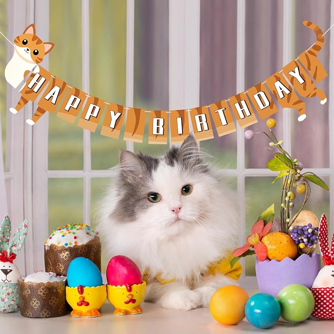 Cat Happy Birthday Banner Orange Cat Banner Bunting Flag Garland Party - Image 3