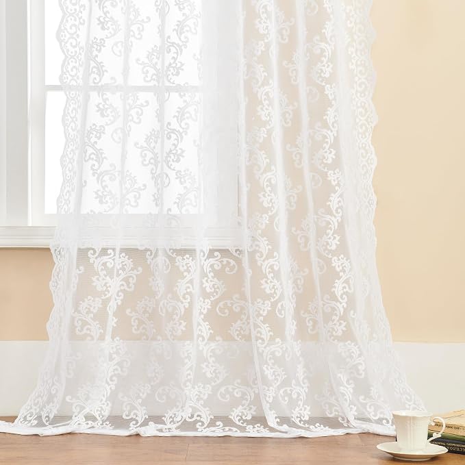 White Lace Curtains 96 Inches Long 2 Panels Vintage Paisley - Image 5