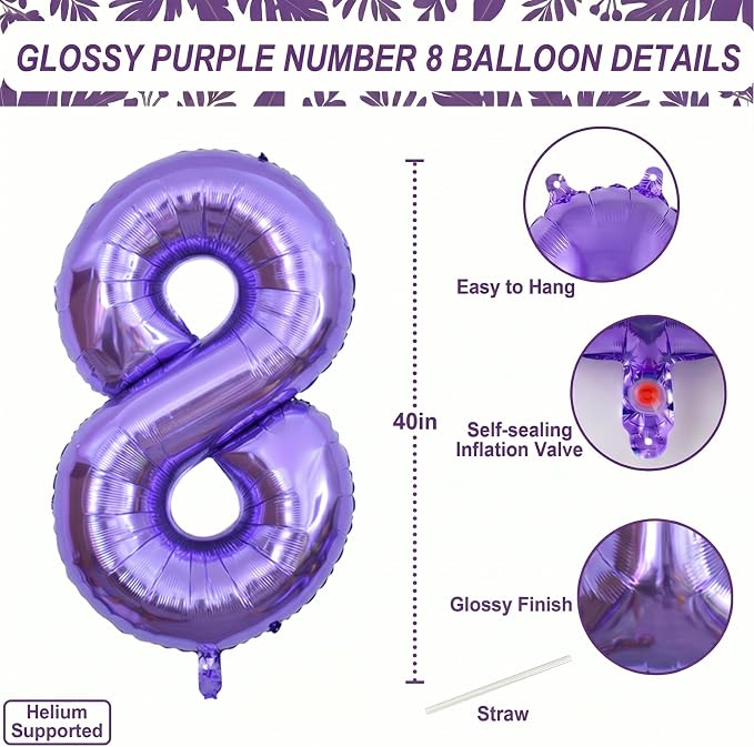 Purple Number 8 Balloon 40 Inch, Giant Lavender Mylar Foil Number 8 - Image 4