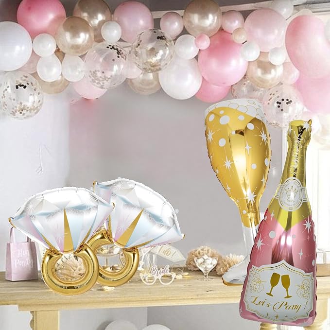 4 Pcs Bachelorette Balloons, Huge Rose Gold Champagne Bottle Diamond Ring - Image 9