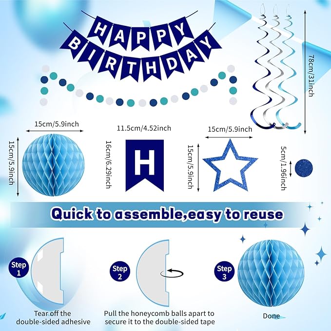 Rouceyxin Birthday Decorations for Men Boys, Glitter Stars, Hanging Swirl - Image 6