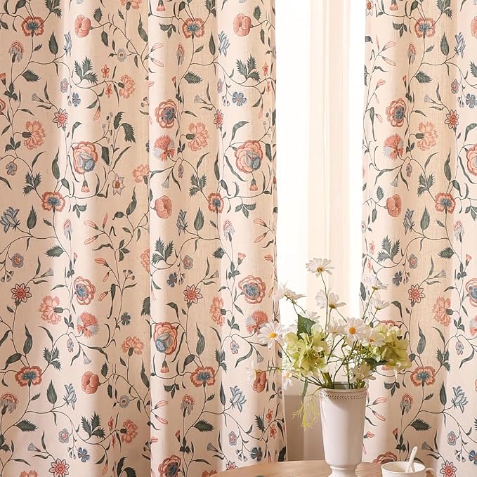Designer French Linen Printed Curtains, 2 Panels, Floral Pattern Draps - Image 2