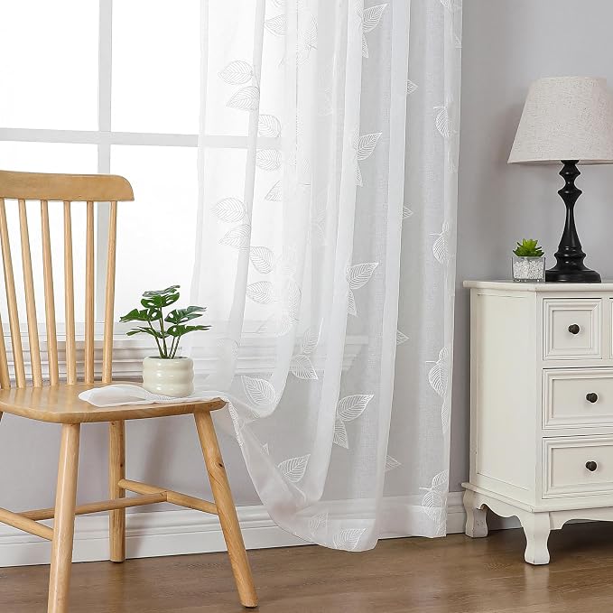White Sheer Curtains Leaf Embroidered 84 Inches Long 2 Panels | Light Filtering by VISIONTEX