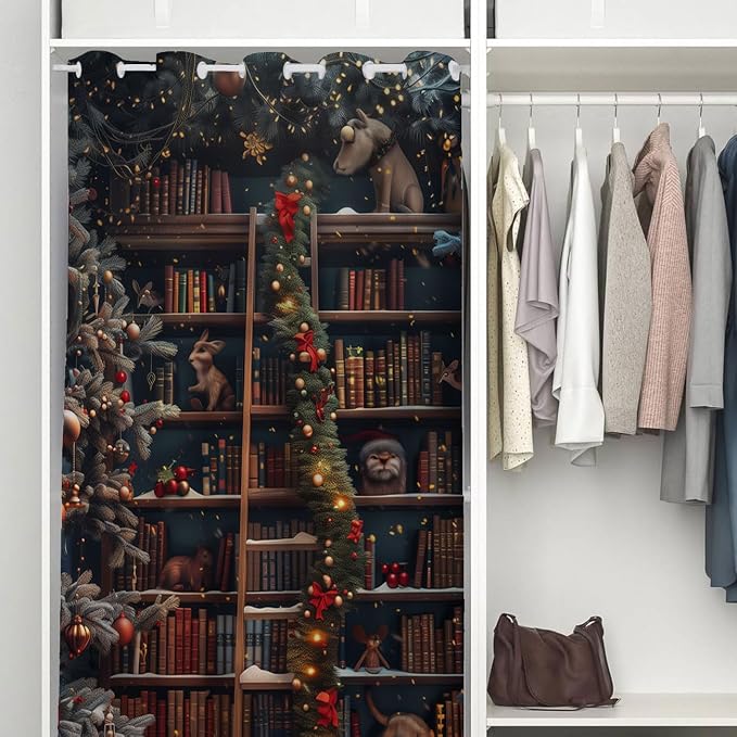Christmas Bookshelf Doorway Curtain, Fantasy Library Books Closet Door Cover - Image 3