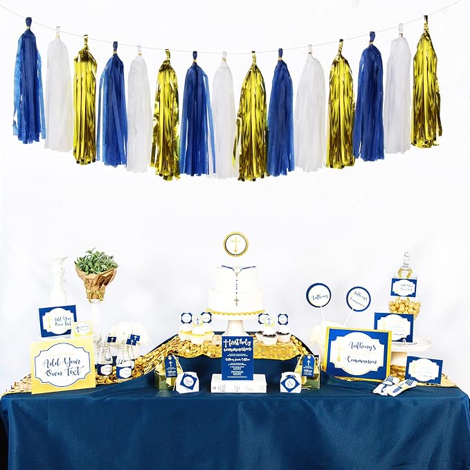 Navy-Blue White-Gold Tassel Garland Streamers- 15pcs Tissue Paper Tassels - Image 5