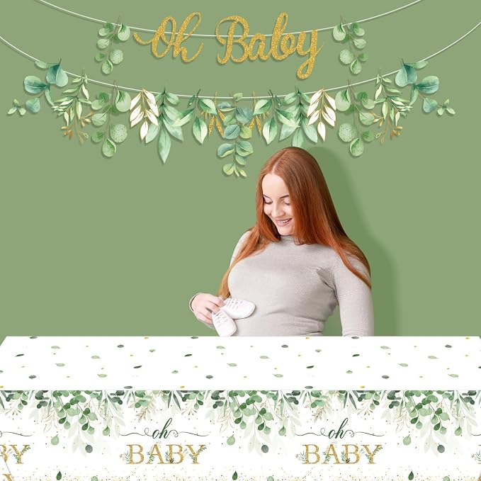 Greenery Baby Shower Banner Eucalyptus Leaves Oh Baby Tablecloth - Image 6