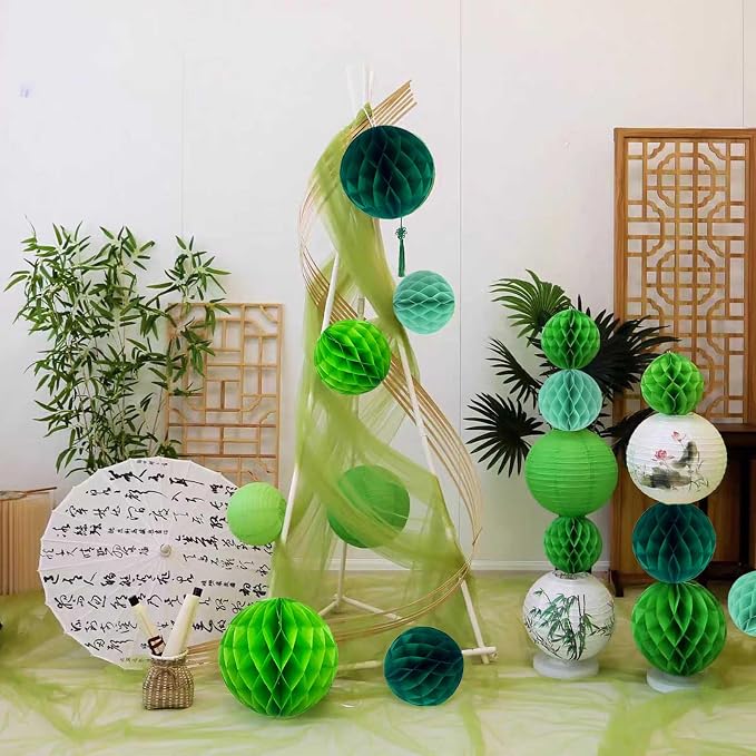 Green Paper Honeycomb Balls, 6 and 10 inch Hanging Tissue Pompoms, 12 Pack - Image 6