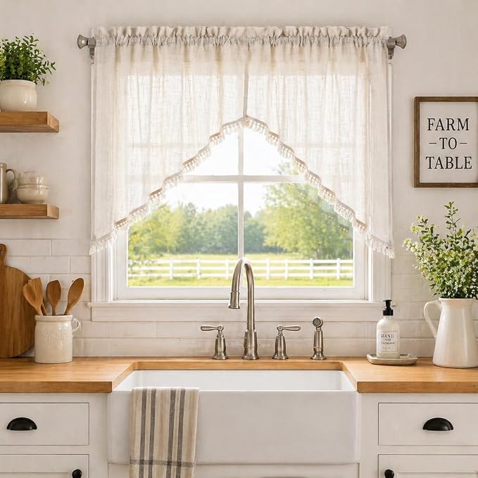 Beda Home Tassel Linen Textured Swag Curtain Valance - Image 2