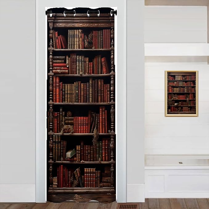 Library Bookshelf Door Curtain, Vintage Educational Bookcase Room Darkening by Unknown