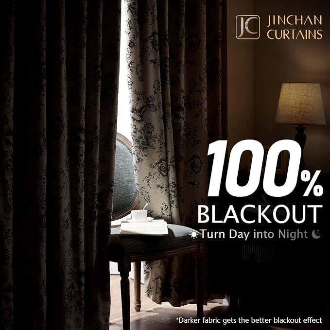 jinchan Black Floral Linen Blackout Curtains 90 Inch Back Tab 2 Panels | - Image 2