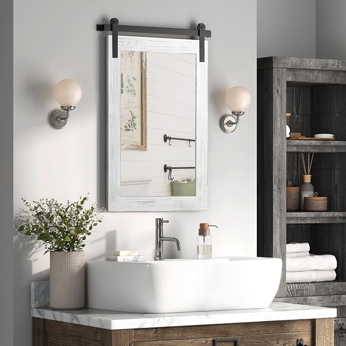 COGOOD Farmhouse Barn Door Mirror - 38" x 25" Rustic Wood Framed Wall Mirror for Bathroom, Living Room, Entryway Wall Decorative (White)