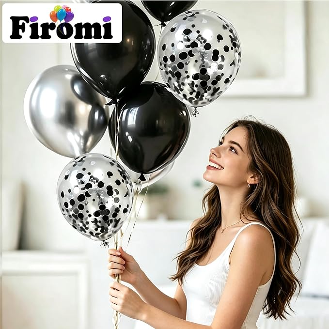 Firomi Metallic Chrome Silver Black Balloons 12 inch 70 Pack | Latex Black and - Image 3