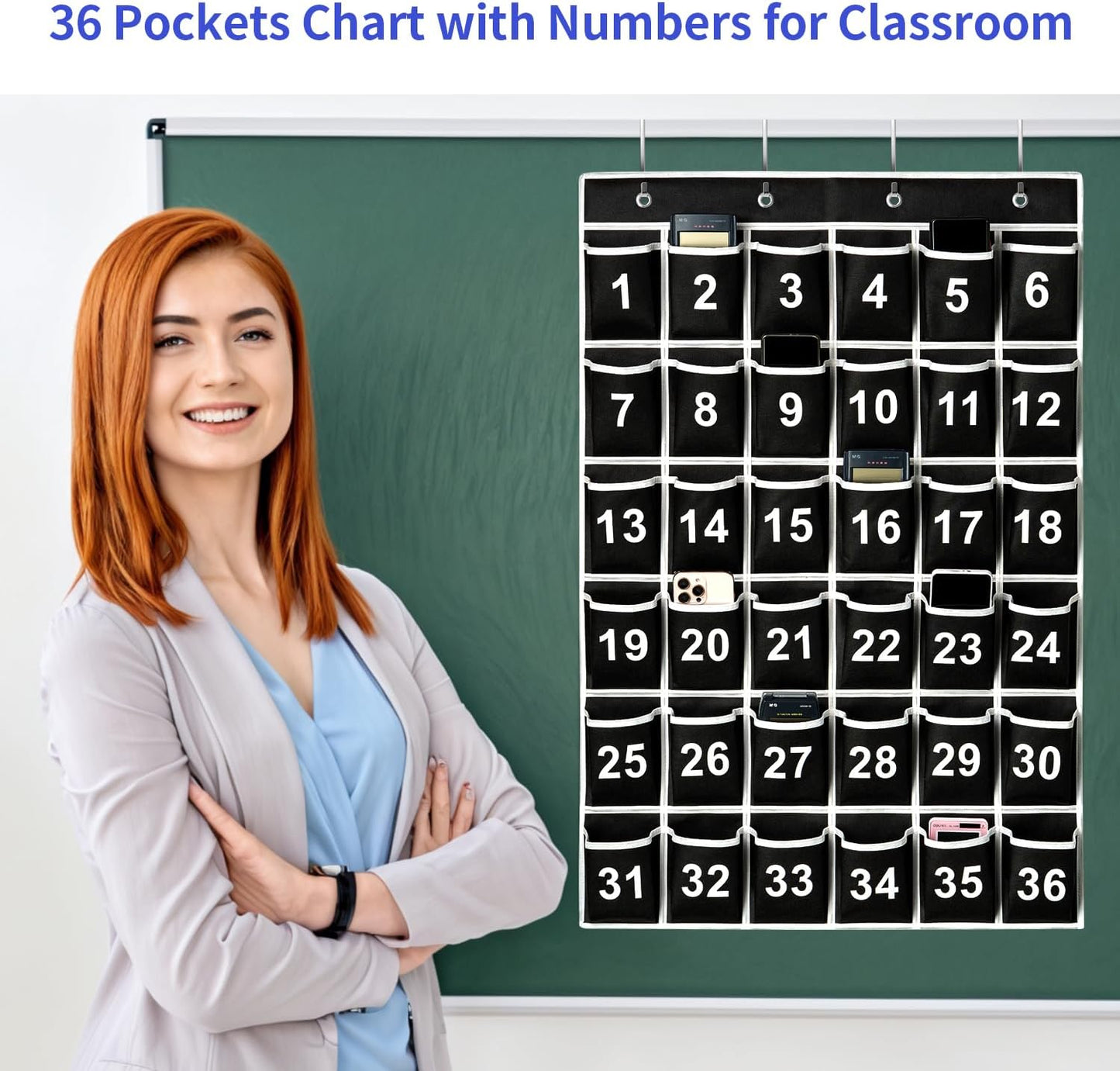 36 Pockets Black Numbered Classroom Pocket Chart for Cell Phones, Hanging Pocket Chart Storage for Classroom Phone Calculator Holder with 4 Hooks (Black-36pockets)