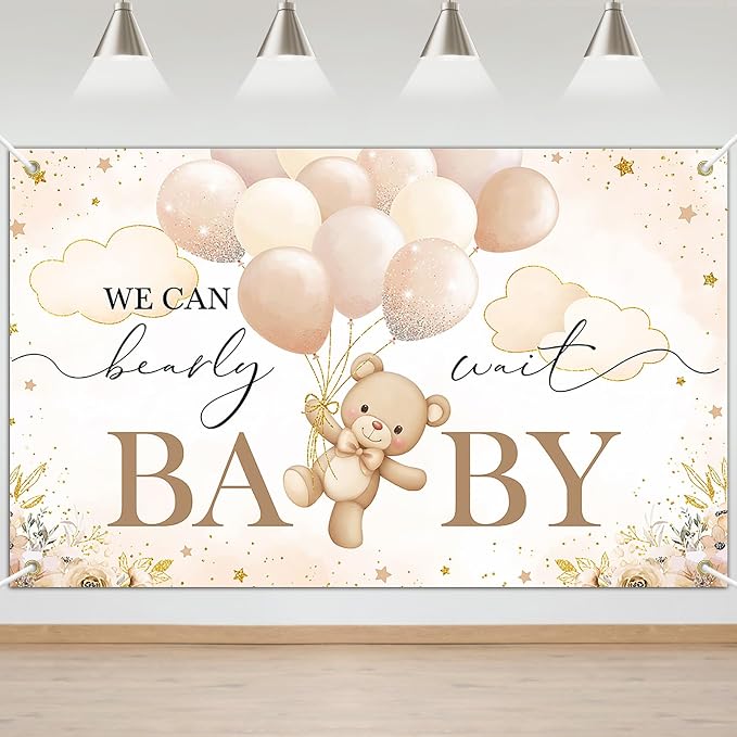 Mocsicka We Can Bearly Wait Backdrop Banner Brown Bear Baby Shower Banner Bear by Mocsicka
