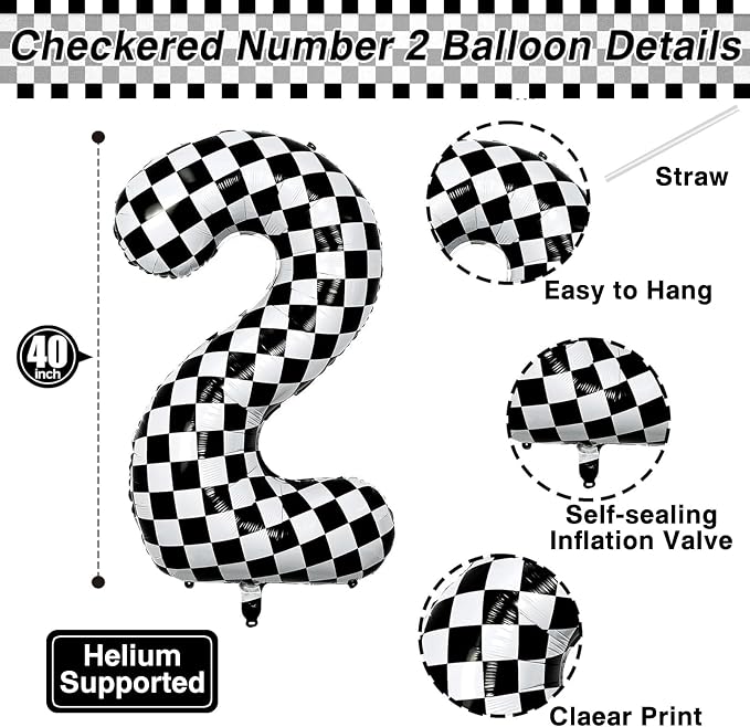 40 Inch Checkered Number 2 Balloon, Large Black and White Foil Number Balloon - Image 4
